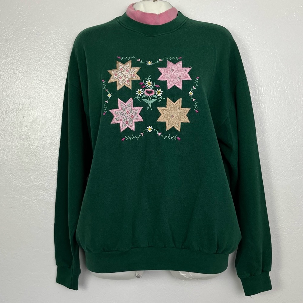 Endless designs‎ women long sleeve green embroidered floral vintage sweater XL